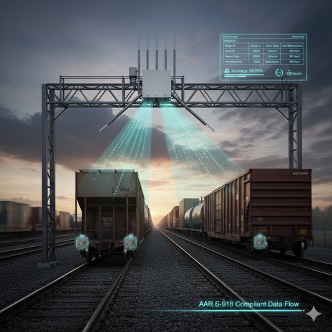 Схема работы системы AEI: RFID-считыватель на железнодорожном пути